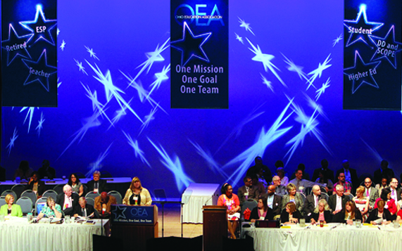 Stage at the OEA Spring Representative Assembly. (Photo by Tim Revell)